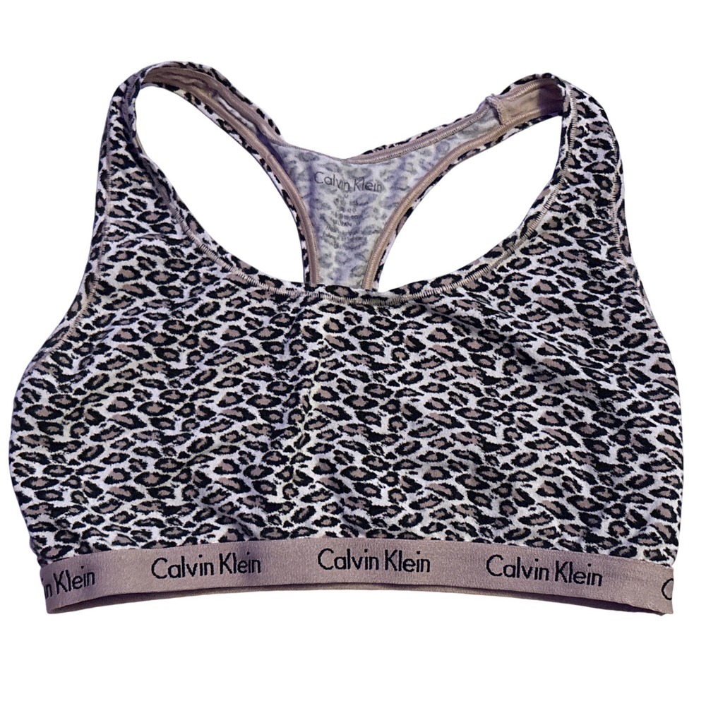 Calvin Klein Leopard Print Racerback Sports Bra Logo Band Cotton Stretch Size M